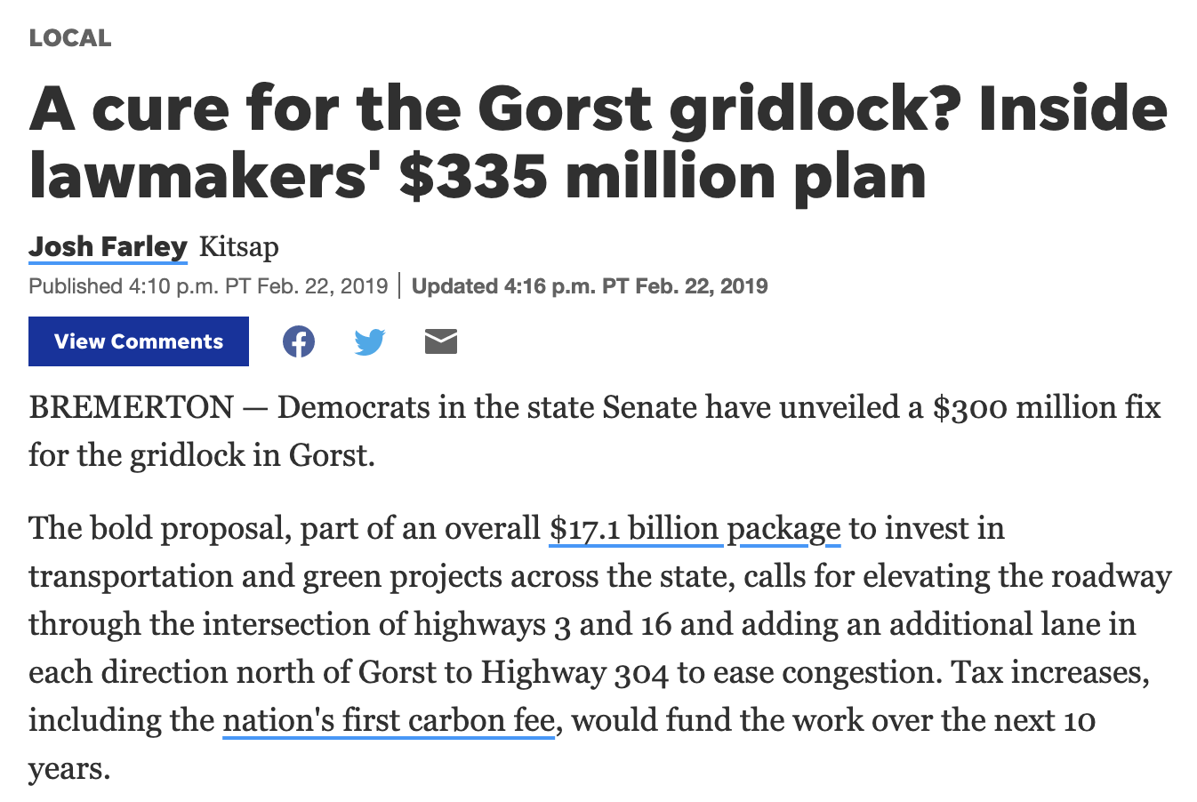 Kitsap Sun - "A cure for the Gorst gridlock? Inside lawmakers' $335 million plan"