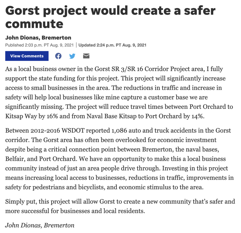 Kitsap Sun “Gorst project would create a safer commute” Gorst Coalition