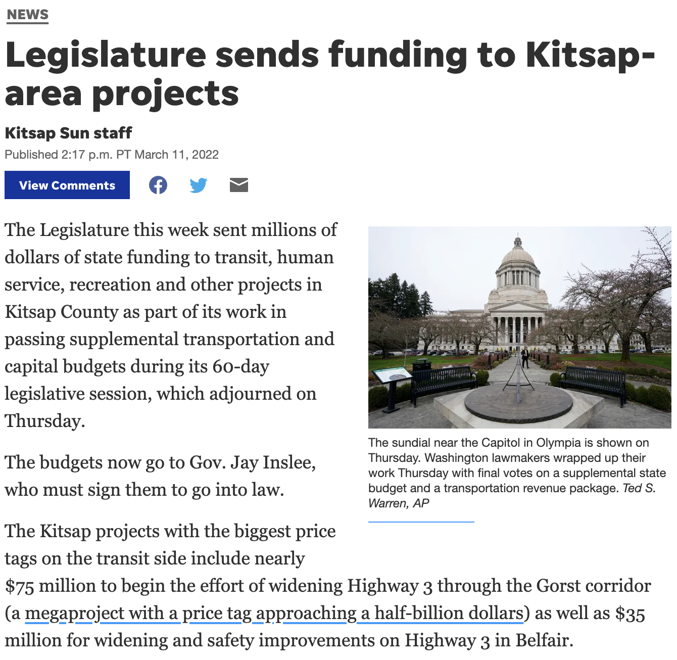 Kitsap Sun - "Legislature sends funding to Kitsap-area projects"